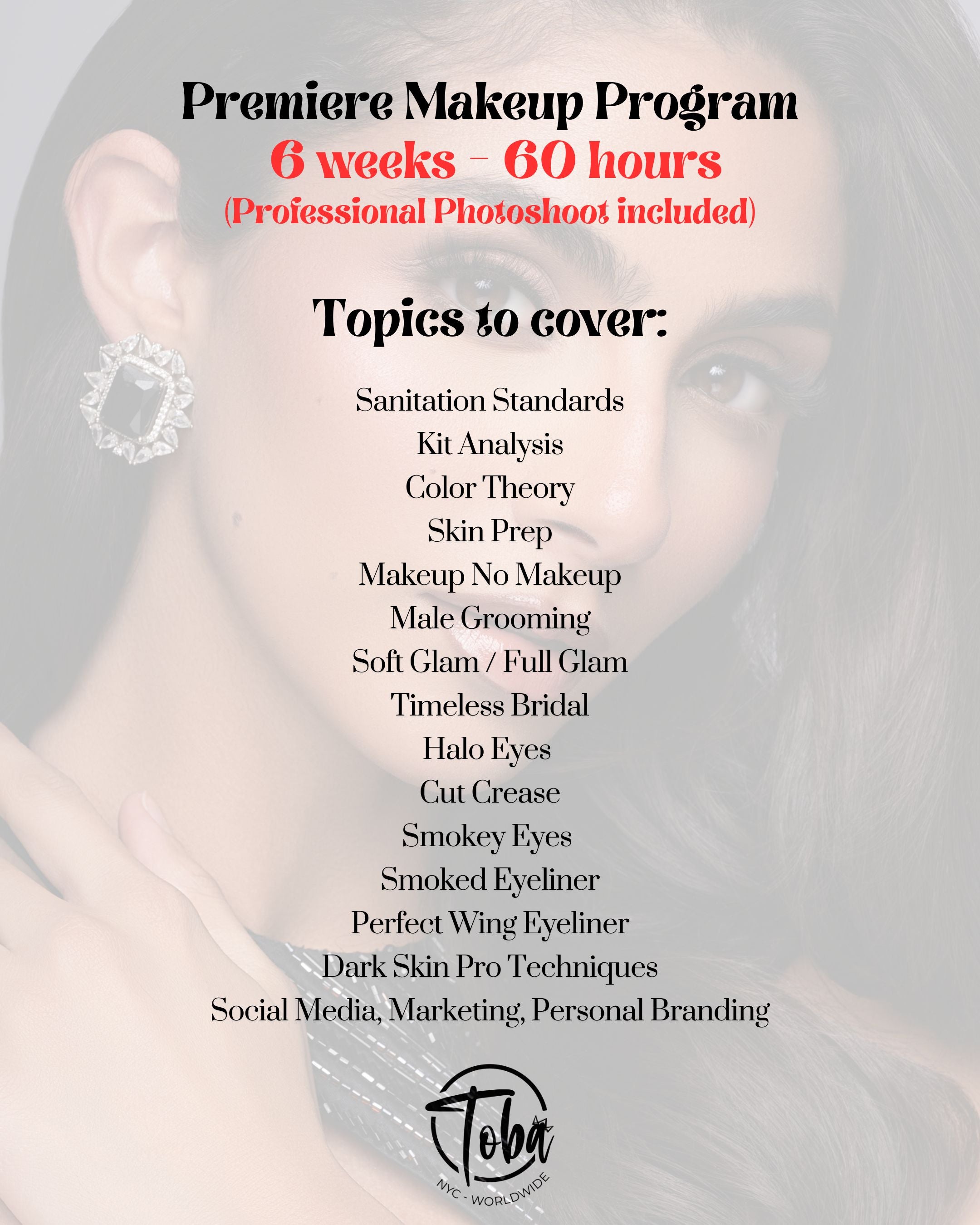 Makeup program details with course topics and professional photoshoot