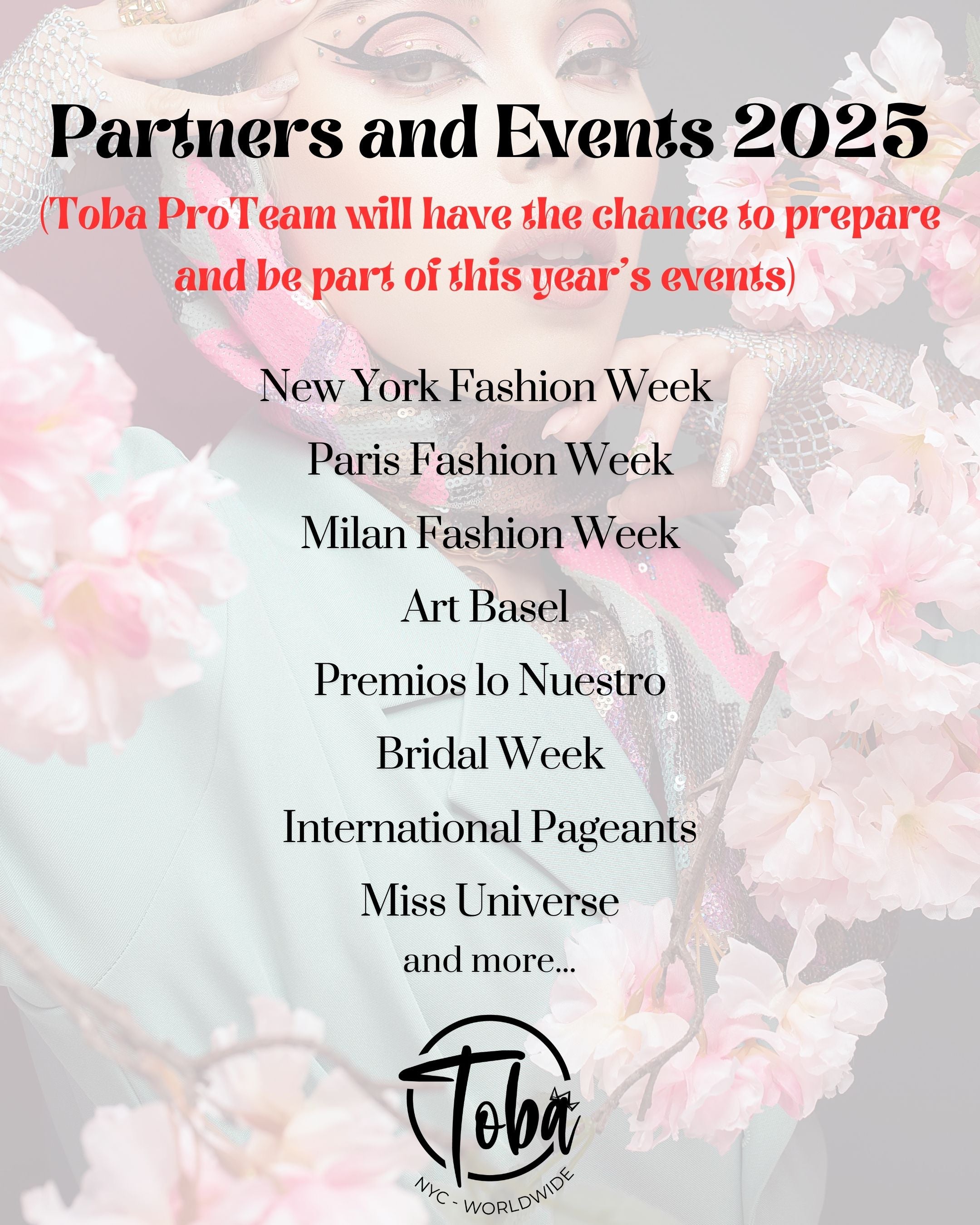 Toba ProTeam 2025 event calendar featuring global fashion and pageant events