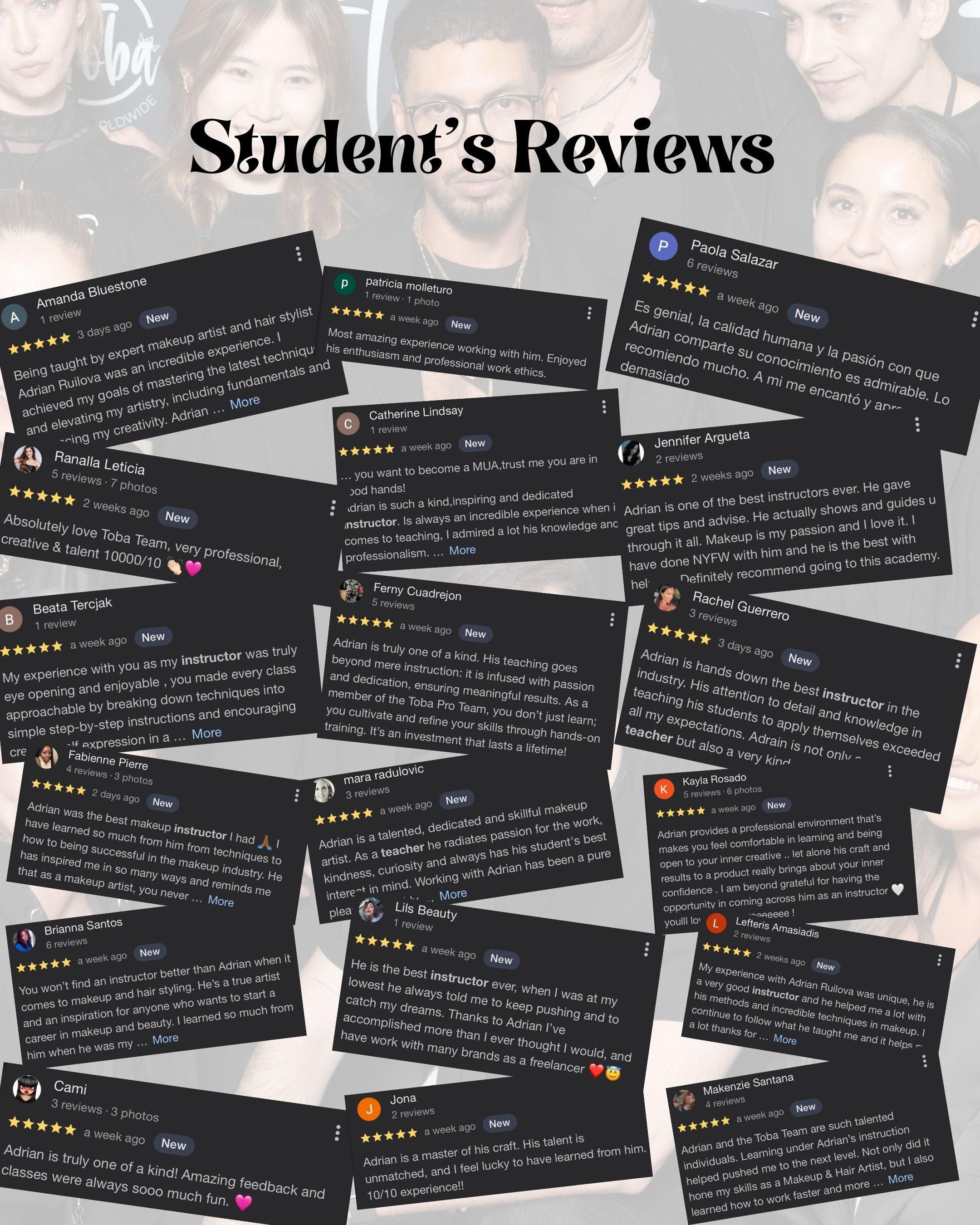 Collage of glowing student reviews praising a makeup instructor named Adrian