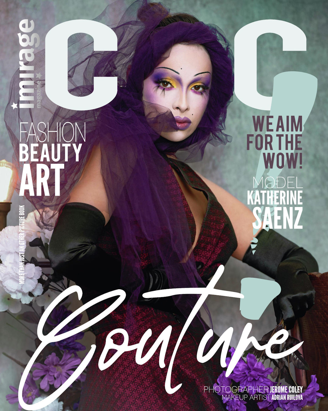 Dramatic fashion magazine cover with model in purple veil and bold makeup